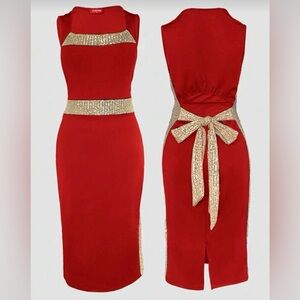 Elegant Red and Gold Backless Dress